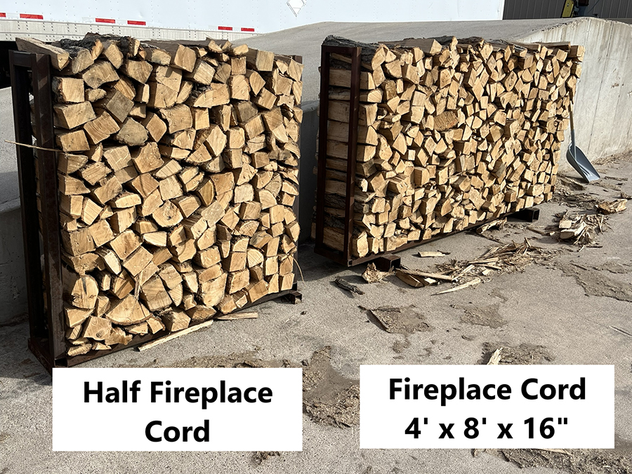 Two firewood cords. On the right is a fireplace cord 4' x 8' x16", and on the left a half fireplace cord.